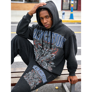 Streetwear Digital Printing Black 2-piece OEM Custom LOGO Printing 400 GSM Heavyweight Pullover Men's <b>Hoodie</b> Set - Product Image 2