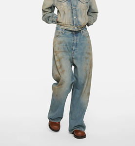 メンズ カスタム ヴィンテージ ヒップホップ ジーンズ ダメージ ウォッシュ ストレート バギーフィット ワイドレッグ デニム パンツ サマーシーズン カジュアル フロント - Product Image 5