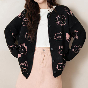 <span class=keywords><strong>Cardigan</strong></span> <span class=keywords><strong>Oversize</strong></span> <span class=keywords><strong>Nero</strong></span> con Stampa di Gatti per Donna - Top Casual Carino per Uso Quotidiano - Product Image 5
