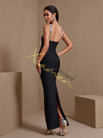 Robe de soirée élégante noire de luxe Ocstrade Hot Summer 2026, style bandage, col en V profond, appliques en strass, dos ouvert, pour femmes