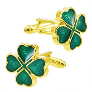 Gemelos de trébol de cuatro hojas verde dorado, de latón esmaltado, y pinzas para corbata de camisa con diseño de trébol, para bodas y eventos formales VERDE - Product Image 3