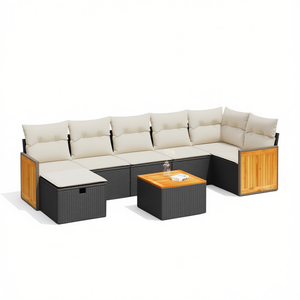 Ensemble de canapés de jardin d'extérieur en rotin PE noir, 6 places, design contemporain, accents en bois massif - Product Image 1