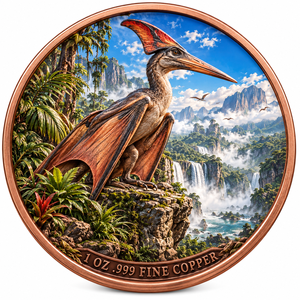 Moneda <span class=keywords><strong>de</strong></span> Cobre Fino 999 <span class=keywords><strong>de</strong></span> 1 oz, Pterosaurio del Periodo Jurásico, Relieve 3D, Color UV, Efecto <span class=keywords><strong>de</strong></span> Prueba, Rey <span class=keywords><strong>de</strong></span> los Dinosaurios, Arte en Metal - Product Image 3