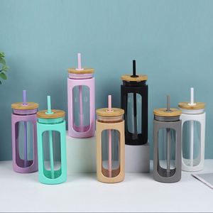 Portable Silicone Sleeve Single-layer High Borosilicate Glass <b>Cup</b> Outdoor Large Capacity Juice Straw <b>Cup</b> with Bamboo Wood Lid - Product Image 1