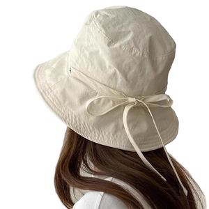 Solid Color Cotton Canvas Bucket <b>Hat</b> With Bow Tie Unisex Outdoor Spring <b>Summer</b> Casual Adult 56-58CM - Product Image 4