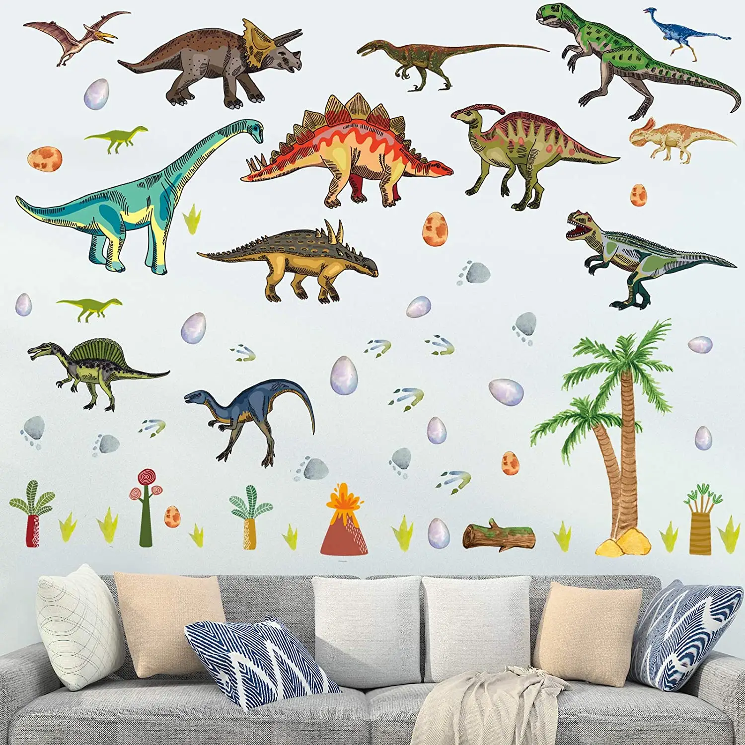 Decalcomanie da parete di dinosauro per la stanza dei ragazzi adesivi murali di dinosauri ad acquerello per la camera da letto dei bambini grandi decorazioni murali Dino per la scuola materna
