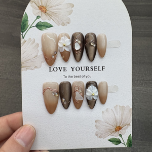 <span class=keywords><strong>Uñas</strong></span> Postizas Hechas a Mano <span class=keywords><strong>Color</strong></span> Café <span class=keywords><strong>con</strong></span> <span class=keywords><strong>Rosa</strong></span> Plateada Esculpida en 3D, Línea Metálica, Cortas y Cuadradas para Uso Diario en la Oficina - Product Image 4