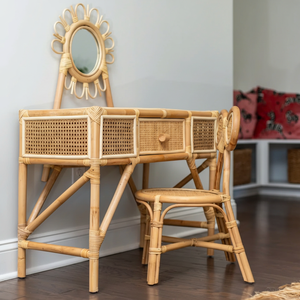 Rattan Dressing Table and Chair <b>Set</b> for Girls, with Drawers and Small <b>Mirror</b>, Children's <b>Furniture</b> - Product Image 1