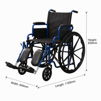Fauteuil roulant manuel en acier thermolaqué bleu avec accoudoirs rabattables, revêtement en nylon, roues arrière en PU de 24 pouces et repose-jambes relevables