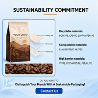 Sacs à café personnalisés imprimés avec valve, fermeture éclair latérale, fond plat, réutilisables, thermoscellés pour grains de café