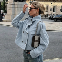 Blouson coupe courte croisé sur mesure OEM pour femme, col montant, en sergé bleu clair, coupe-vent, vêtement d'extérieur
