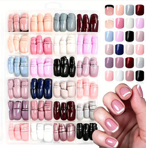 576 <span class=keywords><strong>faux</strong></span> ongles carrés courts brillants colorés à presser, avec pointe française blanche et noire, 24 couleurs unies rose et beige - Product Image 1