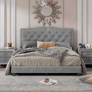 <b>Queen</b> <b>Size</b> Upholstered <b>Bed</b> <b>Frame</b> with Rivet Design, Modern Velvet Platform <b>Bed</b> with Tufted Headboard for Bedroom - Product Image 1