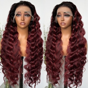 Pelucas sintéticas Kemy Hair Burg Highlight con frontal de encaje, ondas profundas, rizos largos tipo huevo, ondas sueltas, fibra sintética resistente al calor para mujer - Product Image 1
