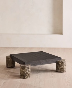 Base de Cama de Madera Maciza Quemada Estilo Wabi Sabi Personalizada, Cama Baja con Mesa Lateral de Piedra Integrada y Patas de Tronco de Piedra Natural - Product Image 5