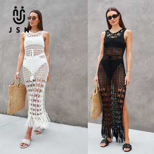 Robe <span class=keywords><strong>longue</strong></span> de plage JSN en maille ajourée à franges, idéale comme paréo ou cache-maillot de bain - Product Image 1