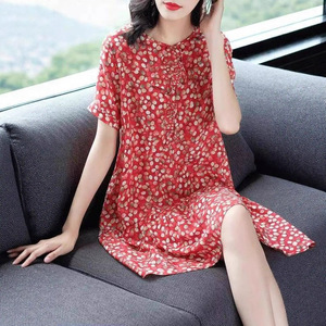 Red Floral Short Sleeve Dress Loose Waist O Neck Casual Daily Wear For Women Plus Size Summer Style - Product Image 5