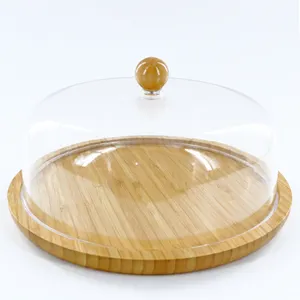 Natural Bamboo Round Cake Stand Custom Wooden Square Food Serving Trays with Glass Dome