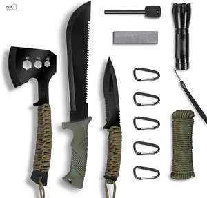 NPOT Set alat berkemah 15 buah, pisau pisau pisau tetap Axe dengan selubung, pisau berburu Hatchet berkemah dengan pegangan tali, peralatan berkemah