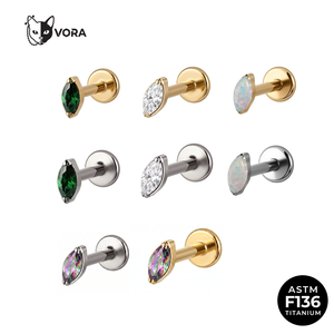 Bijoux de corps raffinés, Piercings, Boucles d'oreilles clous délicates en Titane ASTM F136 avec Zircon Cubique et Opale, forme Marquise simple, pour Conch, Helix, Tragus - Product Image 1