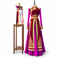 Costume de scène ethnique traditionnel haut de gamme pour femmes, tenue de danse folklorique, robe en velours marron avec broderie dorée et chapeau