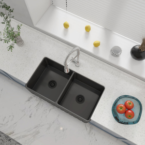Évier de cuisine en céramique blanc de 33 pouces, double bac, style ferme, avec façade en argile réfractaire, profond - Product Image 5
