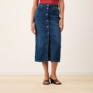 Gonna in denim da <span class=keywords><strong>donna</strong></span> vintage personalizzata di alta qualità, a vita alta, lavaggio scuro, con <span class=keywords><strong>bottoni</strong></span> e spacco, per <span class=keywords><strong>donna</strong></span> - Product Image 2