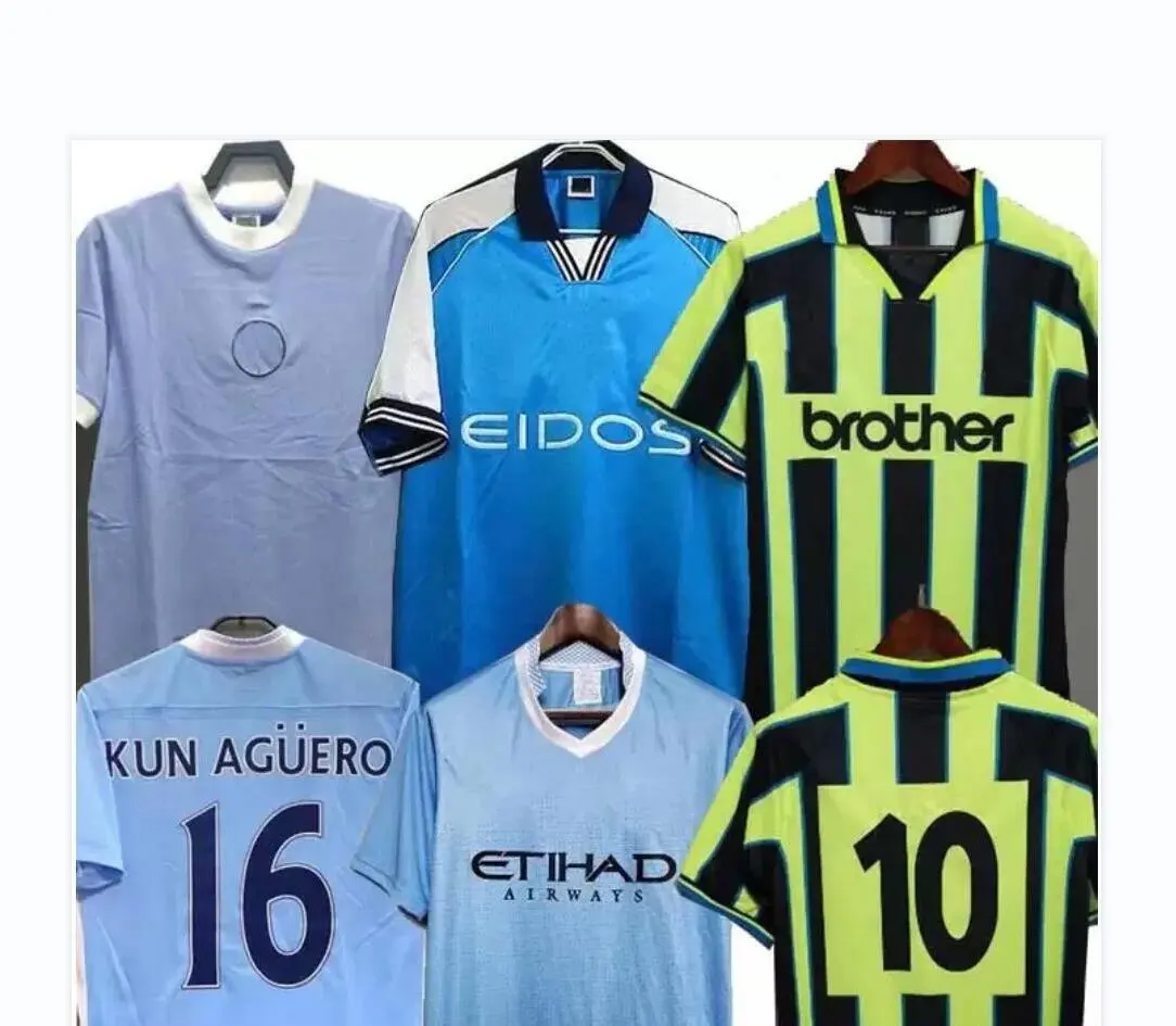 Retro người đàn ông bóng đá Jerseys 98 99 00 11 12 thành phố Eidos Gallagher weah tevez Kun aguero dzeko kompany cổ điển manchesters