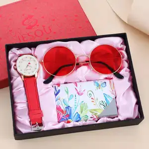 Set Dompet Kulit PU Wanita, Set Dompet + Jam Tangan + Kacamata Kombinasi Cantik Modis Hadiah Baru 2022