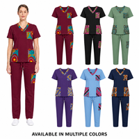 Ensemble de blouses médicales pour femmes à imprimé africain, haut à col en V et manches courtes avec poches à imprimé, pantalon droit, tenue de travail médicale