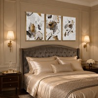 Triptyque mural abstrait en marbre encadré or, impression sur toile avec fragments de pierre et feuille d'or, décoration moderne de luxe pour salon