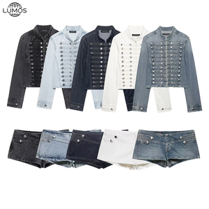 Conjunto de Dos Piezas de Moda Otoño Invierno, Informal, Sexy, de Manga Larga, Jeans de Mezclilla, Top Corto y Pantalones Cortos, Traje de Dos Piezas para <span class=keywords><strong>Mujer</strong></span> - Product Image 1