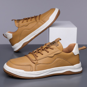 Chaussures décontractées en cuir pour hommes, bout rond, lacets, semelle plate en caoutchouc, toutes saisons, chaussures de marche - Product Image 3