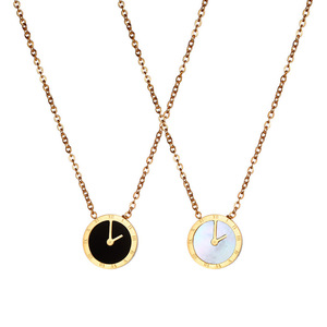 18K PVD Gold Stainless Steel Roman <b>Clock</b> Face Pendant Necklace | <b>Retro</b> Black Enamel & Mother of Pearl | Timeless Elegant Jewelry - Product Image 1