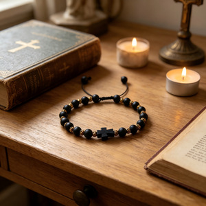 Black Frosted Stone <b>Bracelet</b> With <b>Gold</b> Copper <b>Beads</b> Cross Design Adjustable Unisex Religious Ceremonies Volcanic Rock Jewelry - Product Image 3