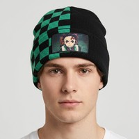 Gorro de Anime 100% Acrílico Térmico con Parche de Héroe de Manga y Patrón de Cuadros a la Mitad, Único para Otakus y Ropa Urbana de Invierno