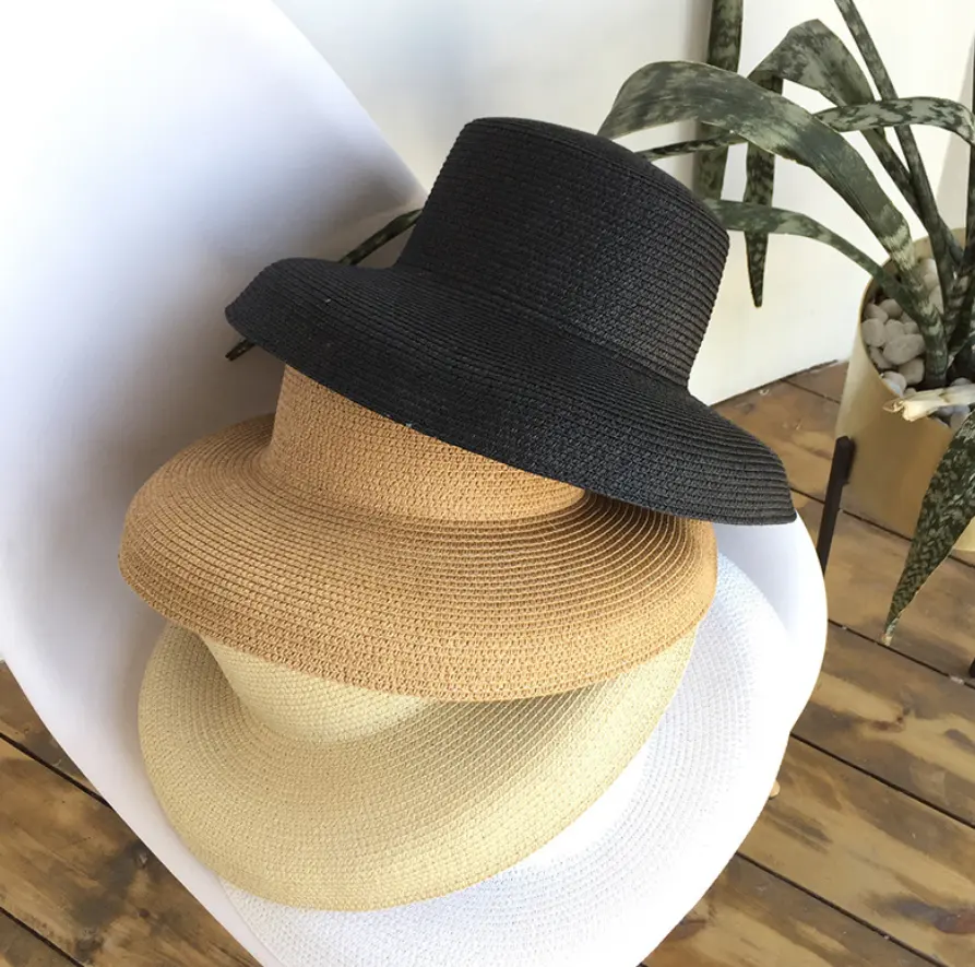 Hepburn หมวกฟางสีพื้นสไตล์ผู้หญิง,หมวกปีกกว้างหมวกกันแดดการท่องเที่ยววันหยุดฤดูร้อน