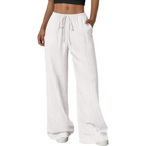 Pantalon palazzo pour femme, taille haute, jambes larges, cordon de serrage, fluide, pantalon de plage avec poches, tissu crêpe, respirant, style décontracté - Product Image 1
