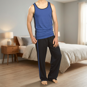 Men's Casual Style 100% Cotton Striped Breathable Knitted Short Sleeve <b>Vest</b> <b>Top</b> & Long Pant <b>Pyjamas</b> - Product Image 2