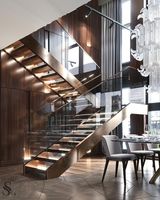 Escalier en marbre luxueux à double poutre, structure métallique durable