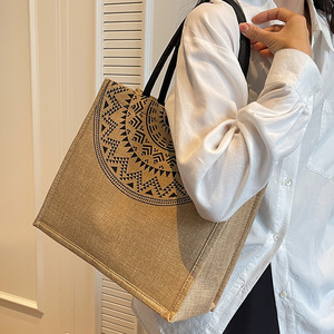 Femmes fleur motif fourre-tout sacs à bandoulière rétro grande capacité coton lin sac à main navettage sous les bras sac décontracté sacs à provisions - Product Image 5