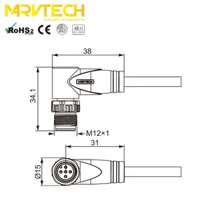 Marvtech M12 D código fêmea montagem traseira conector do receptáculo em ângulo reto com proteção e ângulo IP67