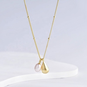 Collier goutte d'eau en cuivre plaqué or PVD 18k 24k, délicat, pour mariée, pas cher, avec chaîne corde minimaliste et pendentif perle - Product Image 1