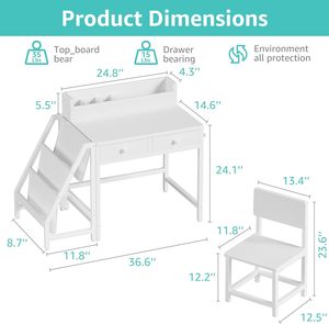 Ensemble <span class=keywords><strong>bureau</strong></span> et chaise blanc pour enfants, pour garçons et filles de <span class=keywords><strong>5</strong></span> à 8 <span class=keywords><strong>ans</strong></span>. Cette station d'étude pour enfants est équipée d'étagères à livres et de tiroirs en tissu. - Product Image 6