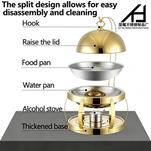 Traiteur Salle À Manger Poêle Cuisine Makan Doré En Acier Inoxydable Plat À Chauffer Boule De Coeur Couvercle Suspendu Style Grain De Bois Plat À Chaleurs - Product Image 4