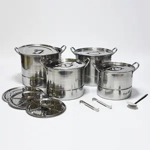 Set Panci Kukus Sup Stainless Steel, Set 4 Buah Peralatan Masak Kapasitas Tinggi dengan Sendok dan Klip Praktis