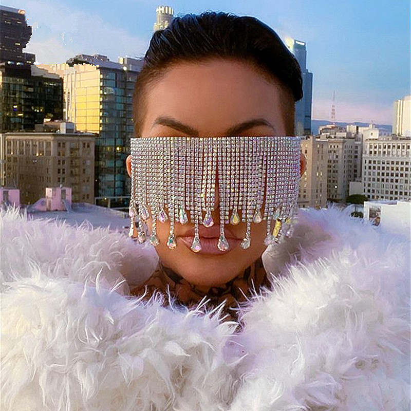 New Arrival 2021 Luxury Fashion Punk Oversized Sunglasses Women Tassel Crystal Diamond Sunglasses