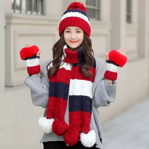 Chapeau d'hiver pour femmes, écharpe, gant 3 en 1 avec <span class=keywords><strong>pompon</strong></span>, <span class=keywords><strong>doublé</strong></span> <span class=keywords><strong>polaire</strong></span>, tricoté chaud, bonnets, écharpes, ensemble de gants - Product Image 2