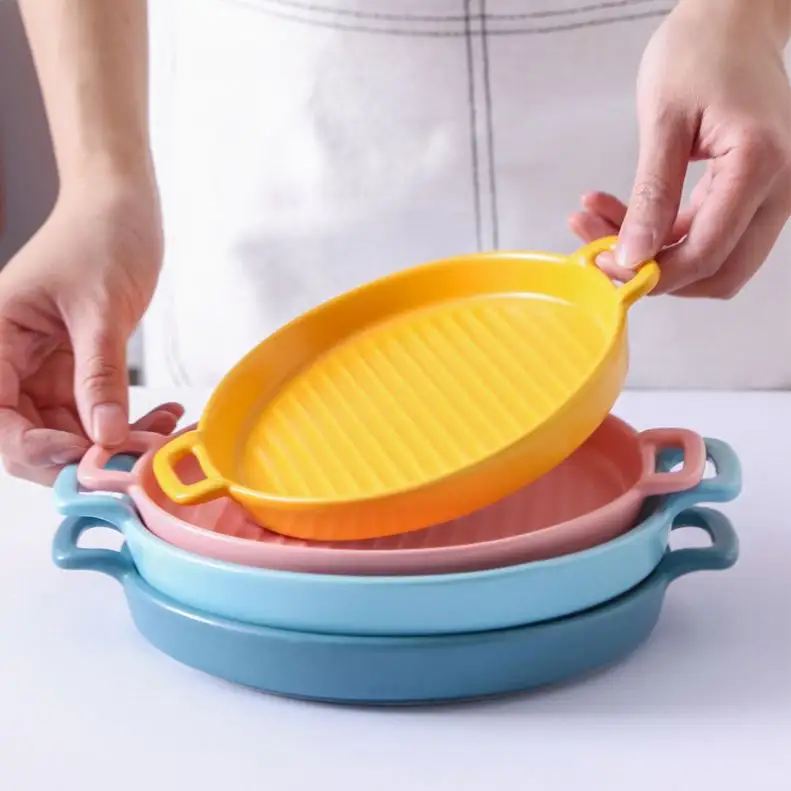 Zogifts Creative Matte Round Stripe Pizza Pan Ceramic Dinner Plate Sets Baking Pans For Cakes Nonstick Serving Plate Platter