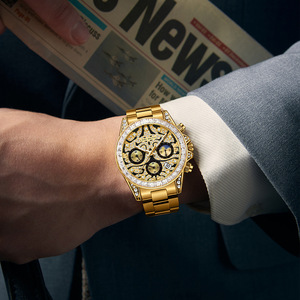 Montre analogique chronographe Caven Denton Rainbow Hollow-Out pour homme, boîtier en alliage doré, lunette en verre sertie de diamants, date luminescente, fermoir caché - Product Image 3